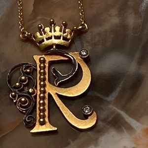 18k Gold Diamond Enamel Scroll “R” Initial Necklace